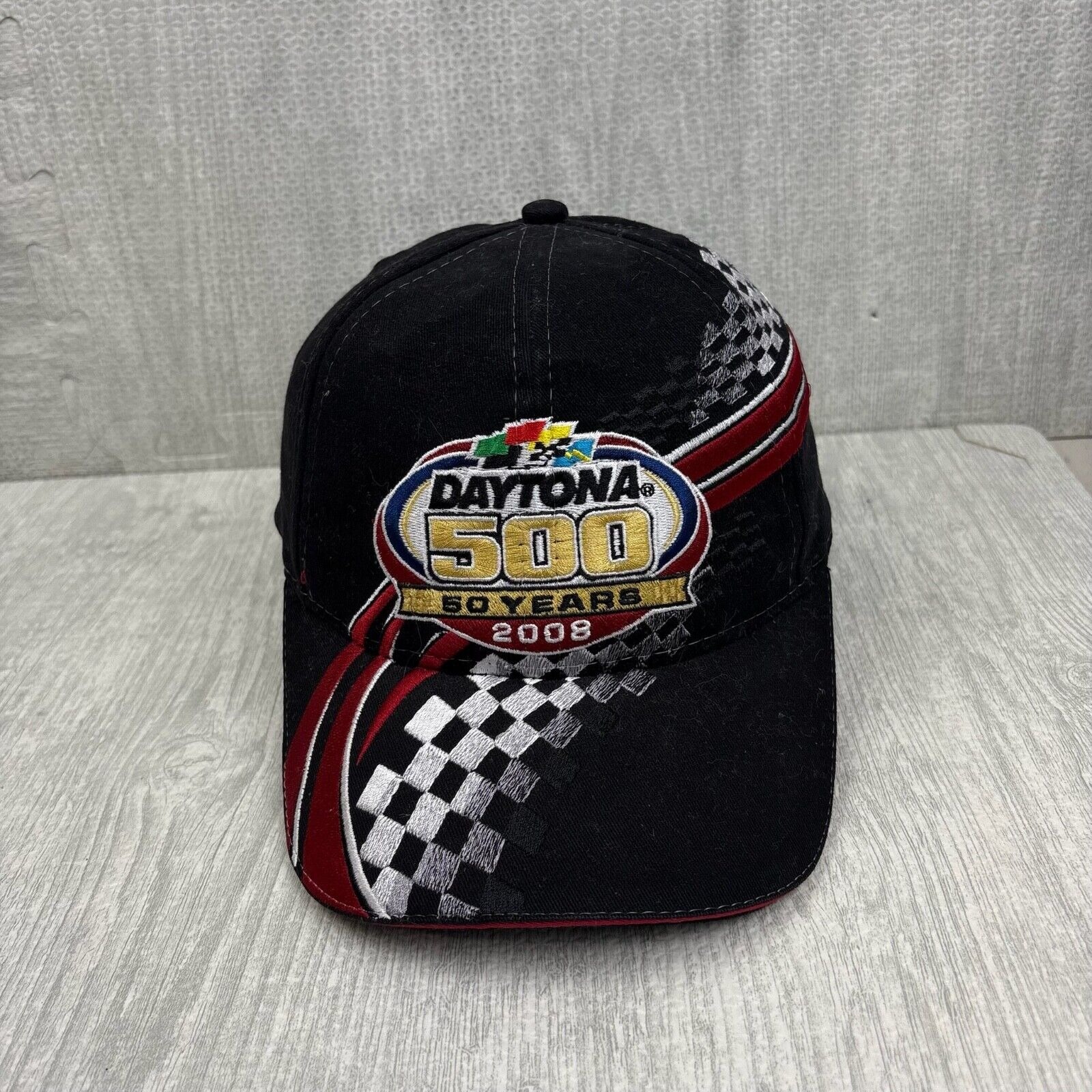 Vintage Y2k Daytona 500 Hat Cap Strap Back Black Red Striped 50 Year Anniversary